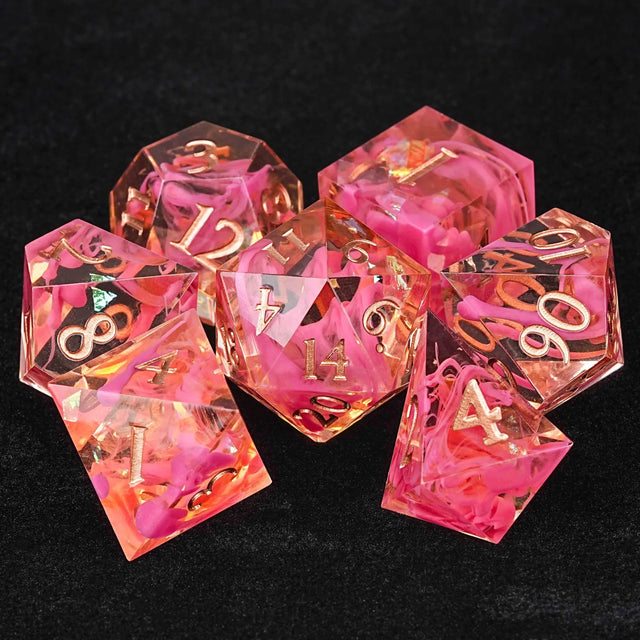 Pink Swirl Resin DND Dice Set – Gold Numbers – Pink Swirl Resin Love DND Dice Set + Gold Font