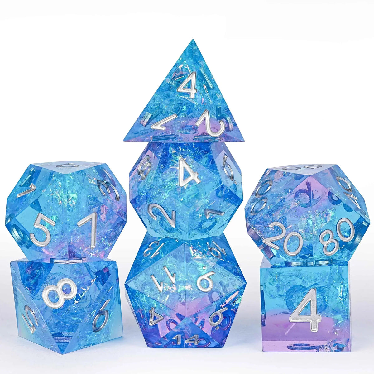Pink and blue sharp edge resin dice set