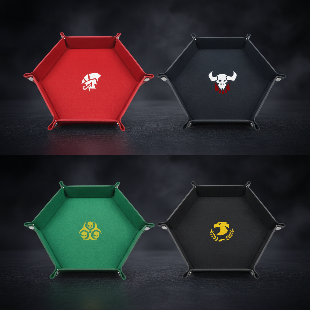 Leather Warhammer 40K dice trays in chapter designs