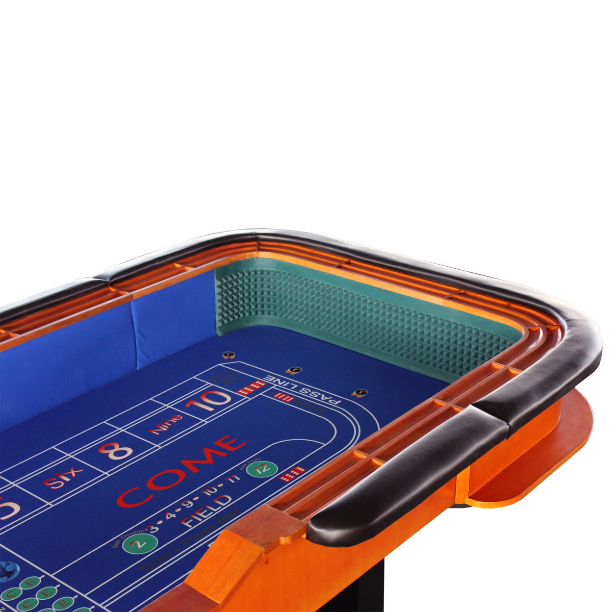 Tabletop Gaming Table – Inch Felt Dice – 12-Inch Blue Felt Roll Dice Game Table corner detail with orange padded rail