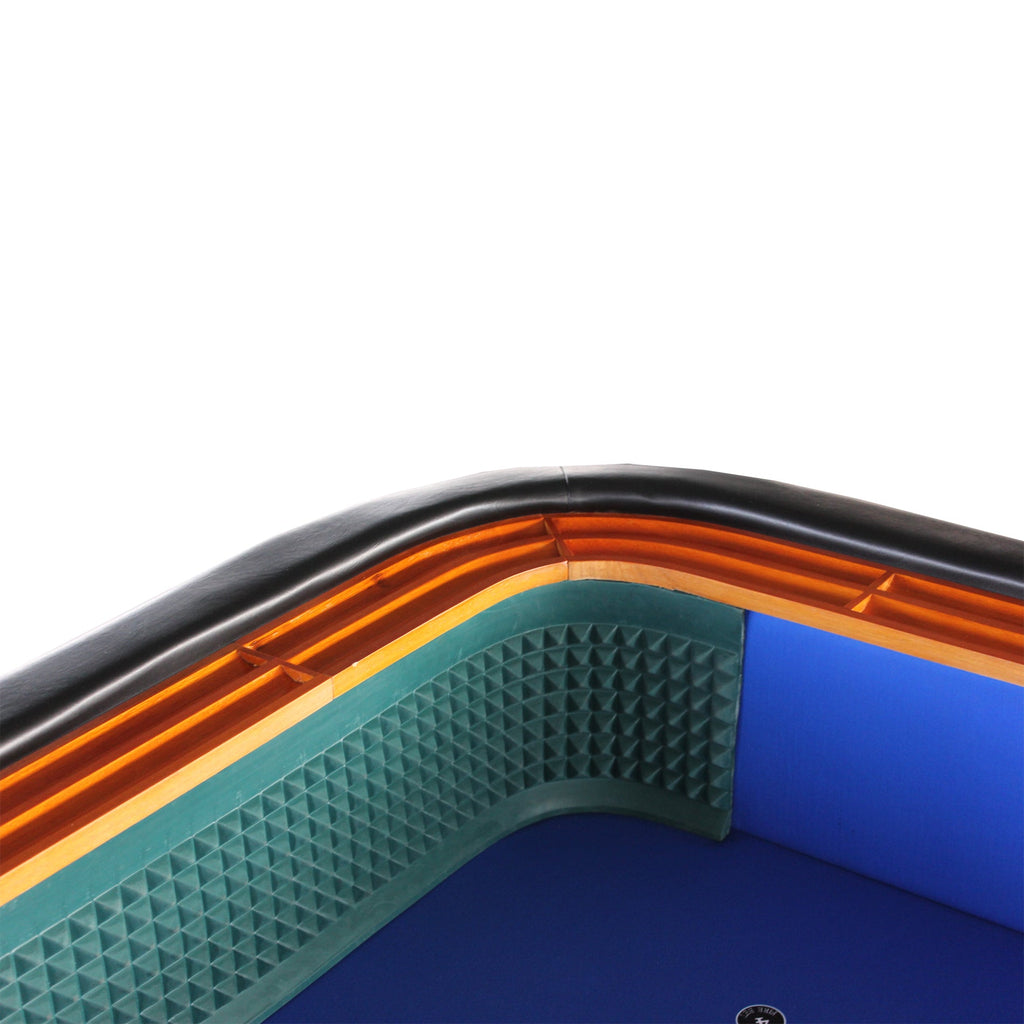 Tabletop Gaming Table – Inch Felt Dice – 12-Inch Blue Felt Roll Dice Game Table curved corner rail detail in orange