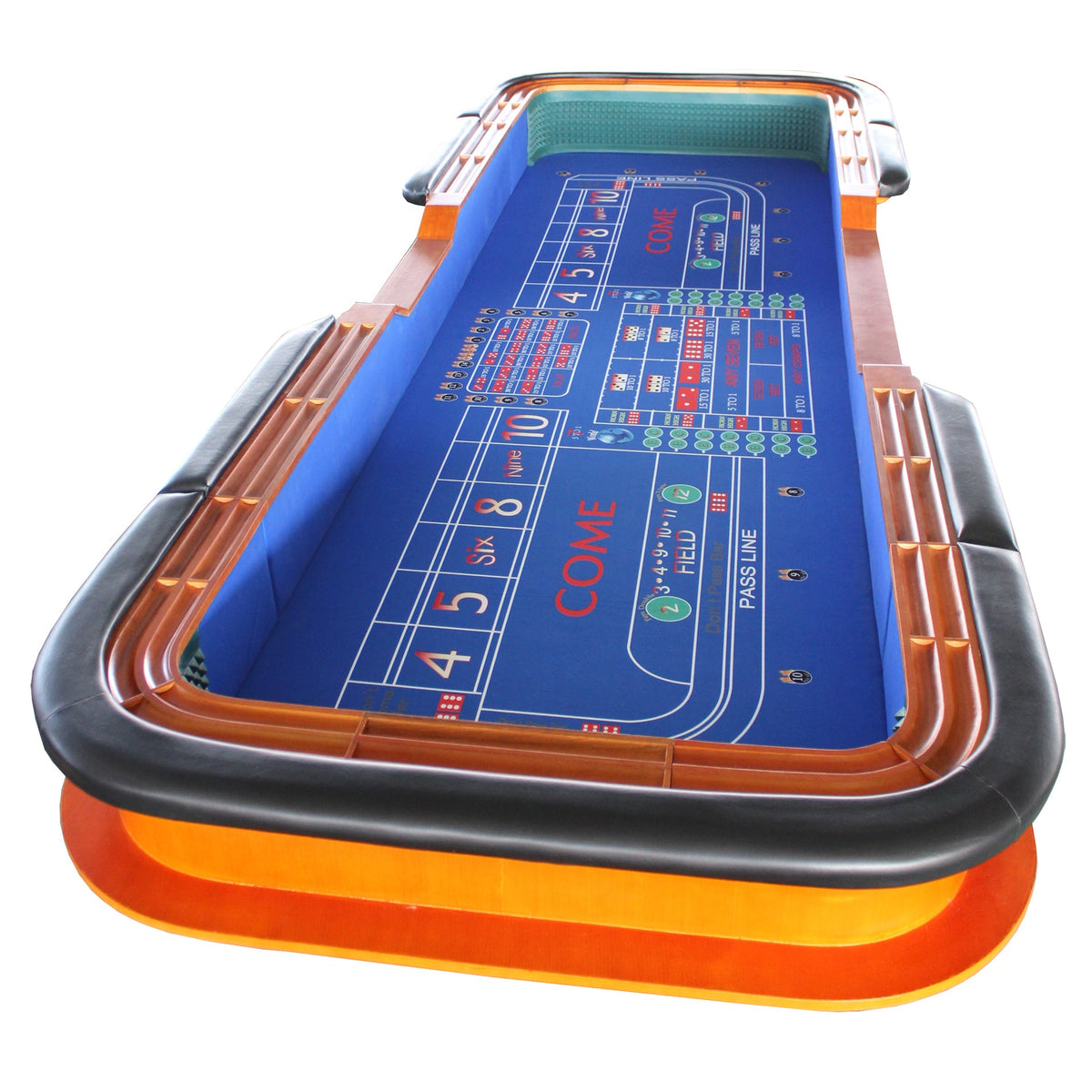 Tabletop Gaming Table – Inch Felt Dice – 12-Inch Blue Felt Roll Dice Game Table side view full length with orange trim