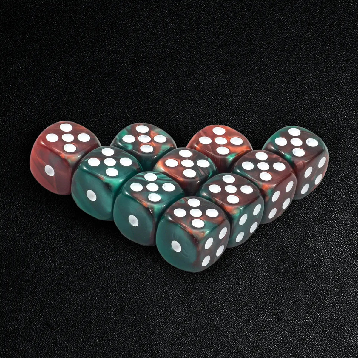 12mm Twin Acrylic D6 Dice Set – White Pips – 12mm Red and Green Twin Acrylic D6 Dice Set, White Dots, 10 Pieces
