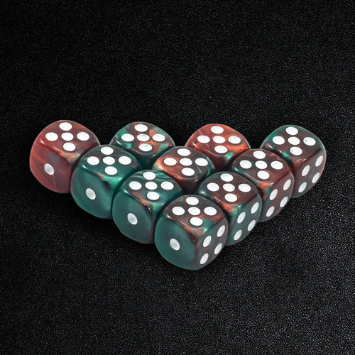 12mm Twin Acrylic D6 Dice Set – White Pips – 12mm Red and Green Twin Acrylic D6 Dice Set, White Dots, 10 Pieces