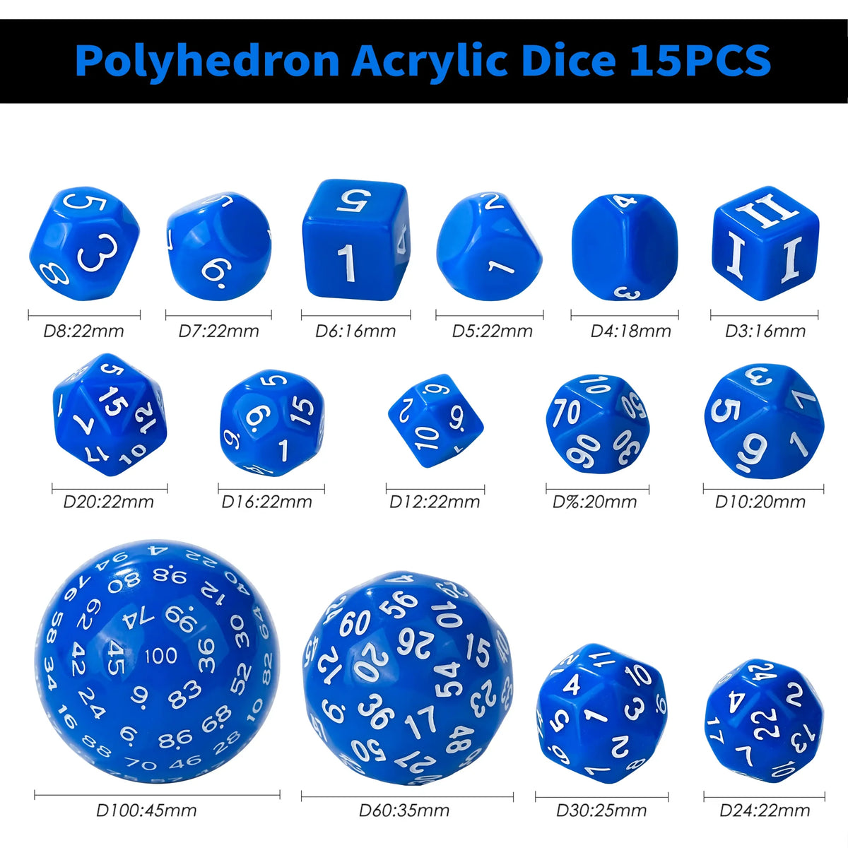 15pcs Polyhedron Acrylic D100 D100 Dice Set – D100 Dice Set - 15pcs Blue Acrylic Polyhedron Dice