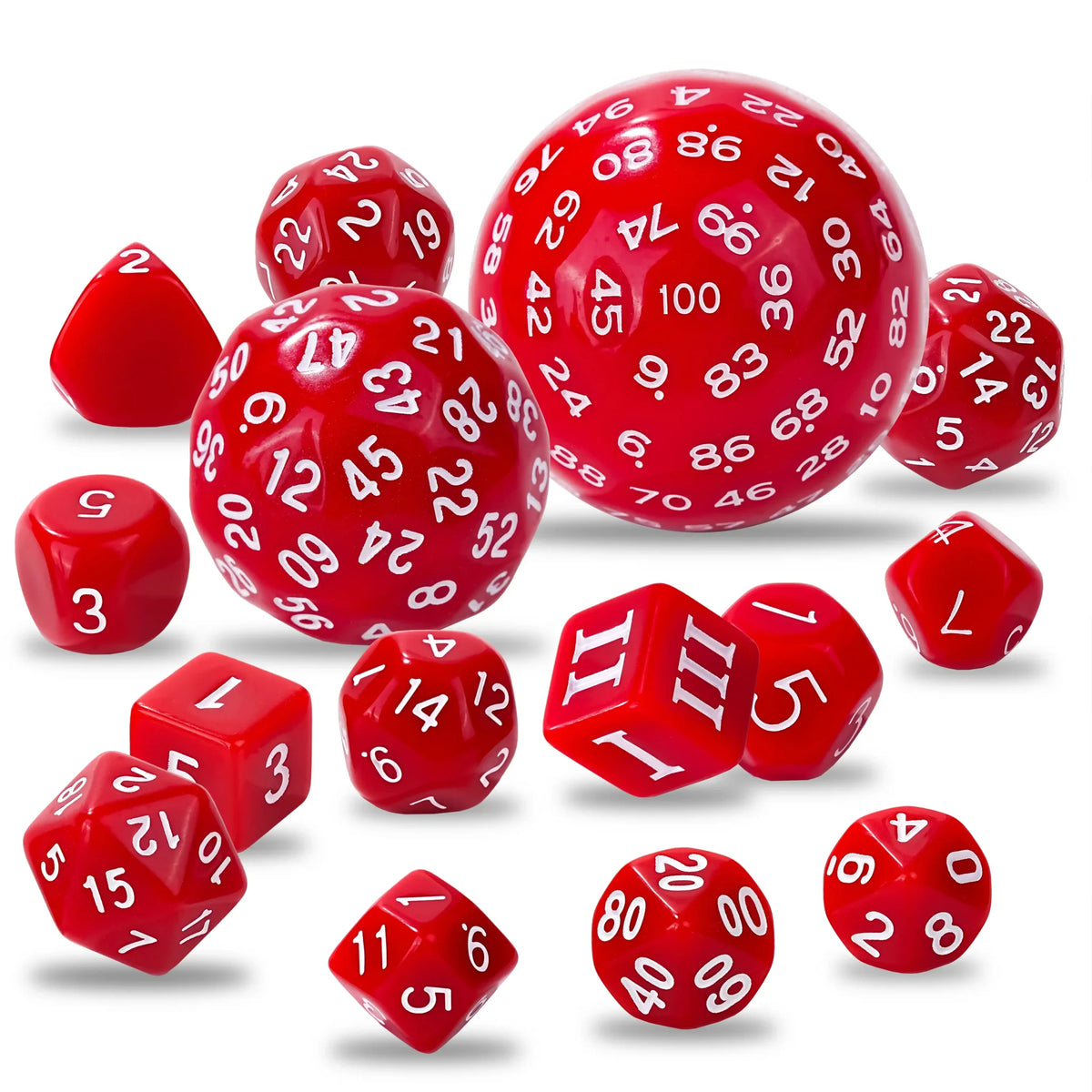 15pcs Polyhedron Acrylic D100 Dice Set – D100 - 15pcs Red Acrylic Polyhedron Dice Set
