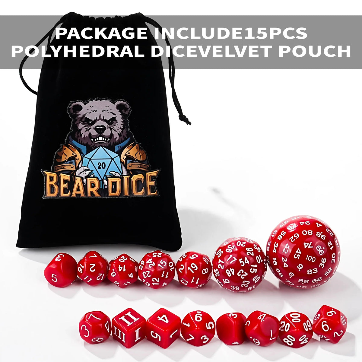 15pcs Polyhedron Acrylic D100 Dice Set – D100 - 15pcs Red Acrylic Polyhedron Dice Set