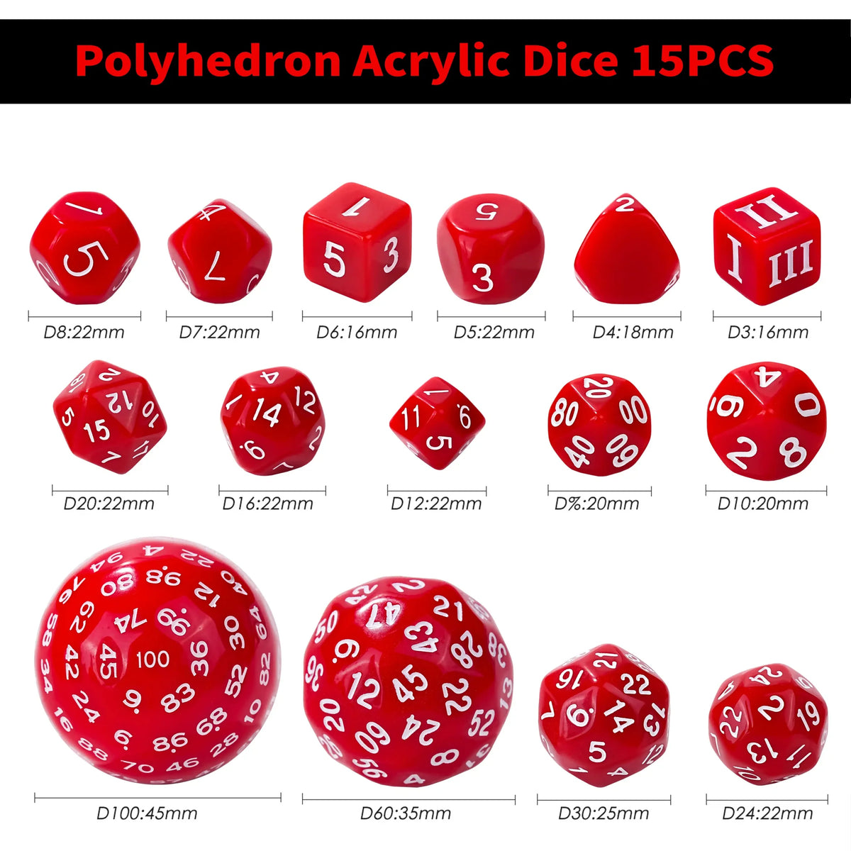 15pcs Polyhedron Acrylic D100 Dice Set – D100 - 15pcs Red Acrylic Polyhedron Dice Set