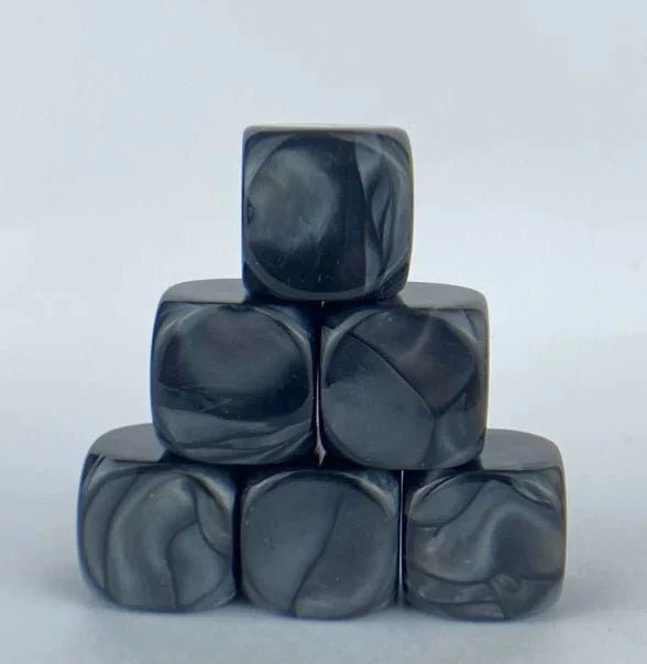 16mm Swirl Acrylic D6 Dice Set – Custom black swirl acrylic D6 dice, can be engraved with personalized designs, text