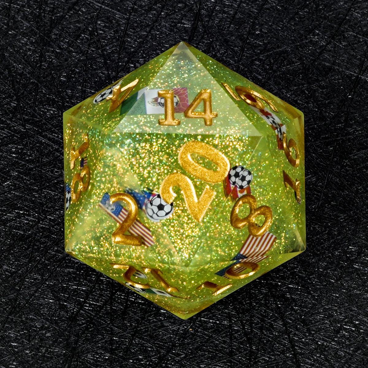 35mm World Resin D20 Dice – Glitter – Giant Soccer – alternate product view