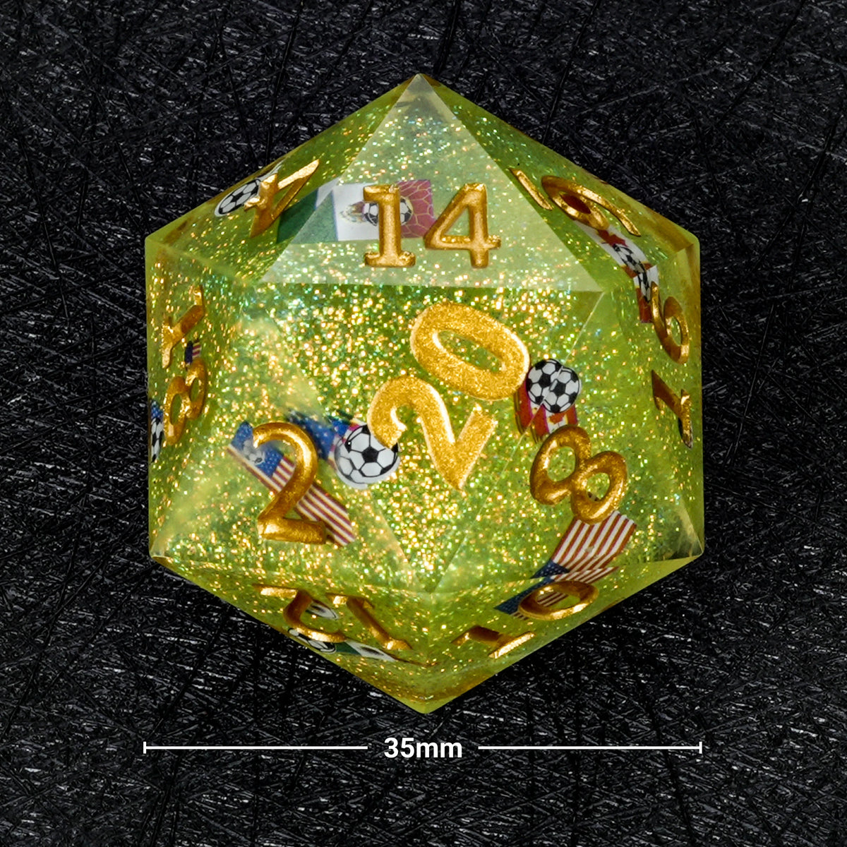 35mm World Resin D20 Dice – Glitter – Giant Soccer