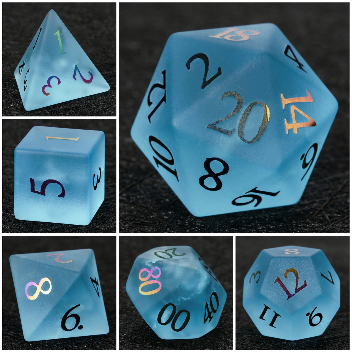 Frosted Aquamarine Glass DND Dice – Red Numbers