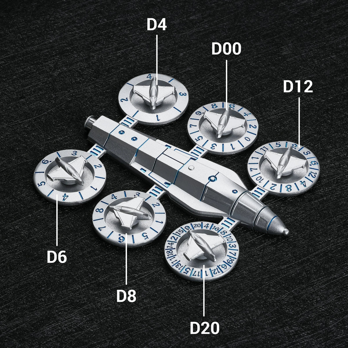 7-in-1 Spaceship Wing Metal Spinner Dice Set – alternate product view