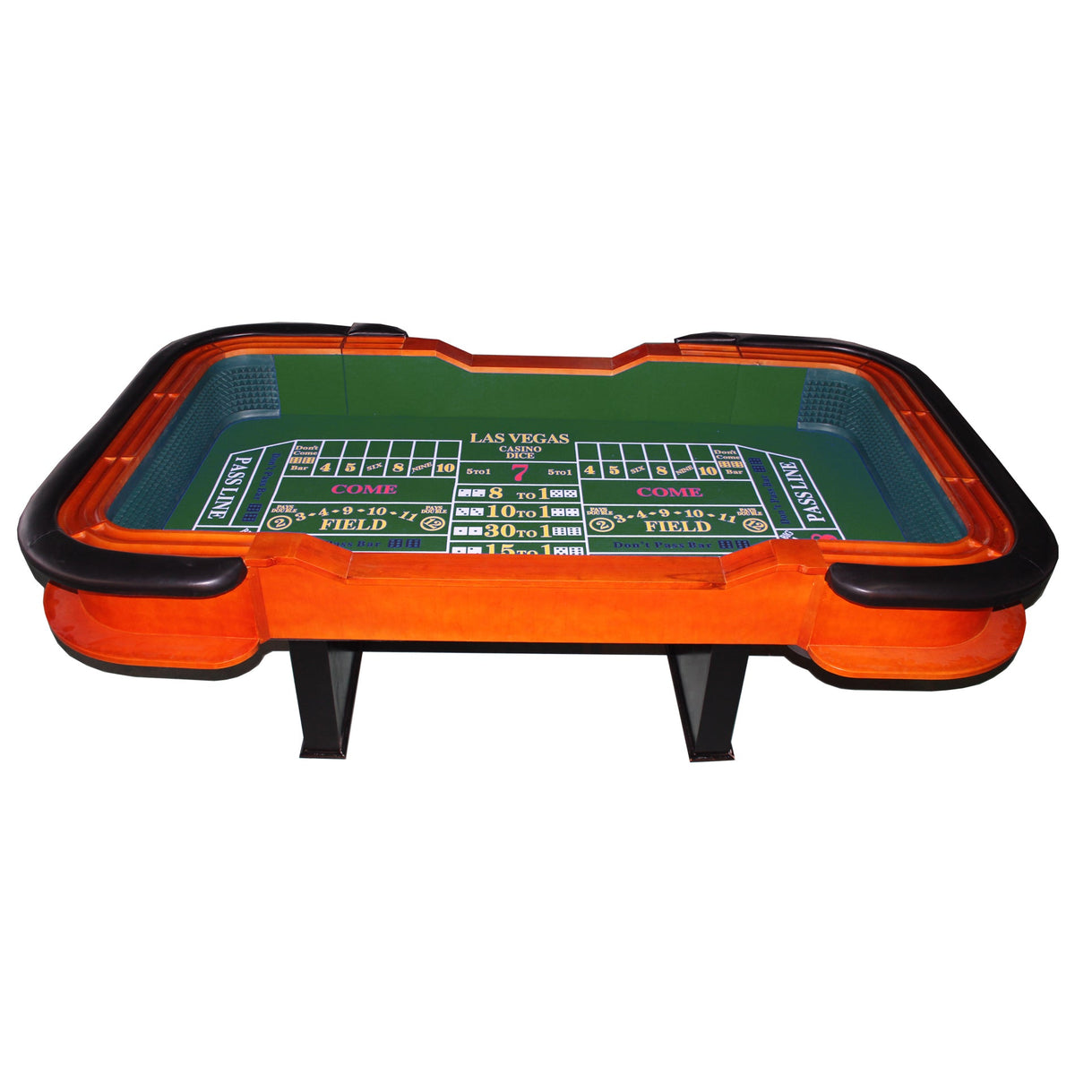 Tabletop Gaming Table – Rubber Bumpers – 93-Inch Green Felt Deluxe Casino Craps Table – Full Side View with Orange