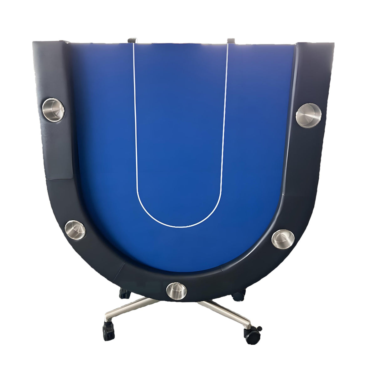 Poker Gaming Table – Seats Players – 94-Inch Blue Oval Foldable Portable Poker Table – Angle View with Leg Detail