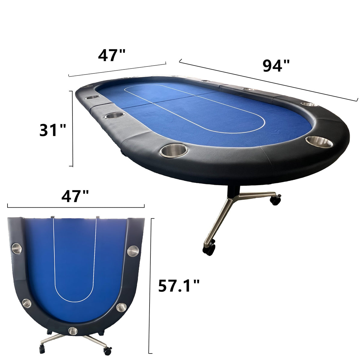 Poker Gaming Table – Seats Players – 94-Inch Blue Oval Foldable Portable Poker Table – Product Dimensions Diagram