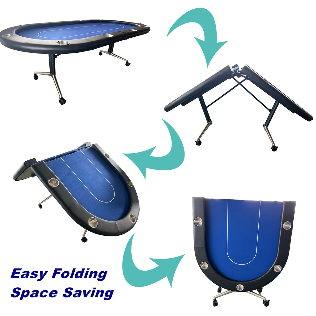Poker Gaming Table – Seats Players – 94-Inch Blue Oval Foldable Portable Poker Table – Easy Folding Space Saving Steps