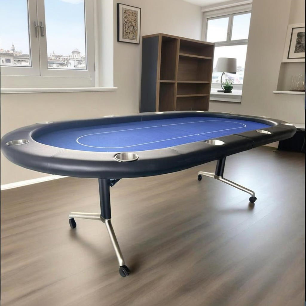 Poker Gaming Table – Seats Players – 94-Inch Blue Oval Foldable Portable Poker Table – Room Scene Full View