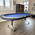 Poker Gaming Table – Seats Players – 94-Inch Blue Oval Foldable Portable Poker Table – Room Scene Full View