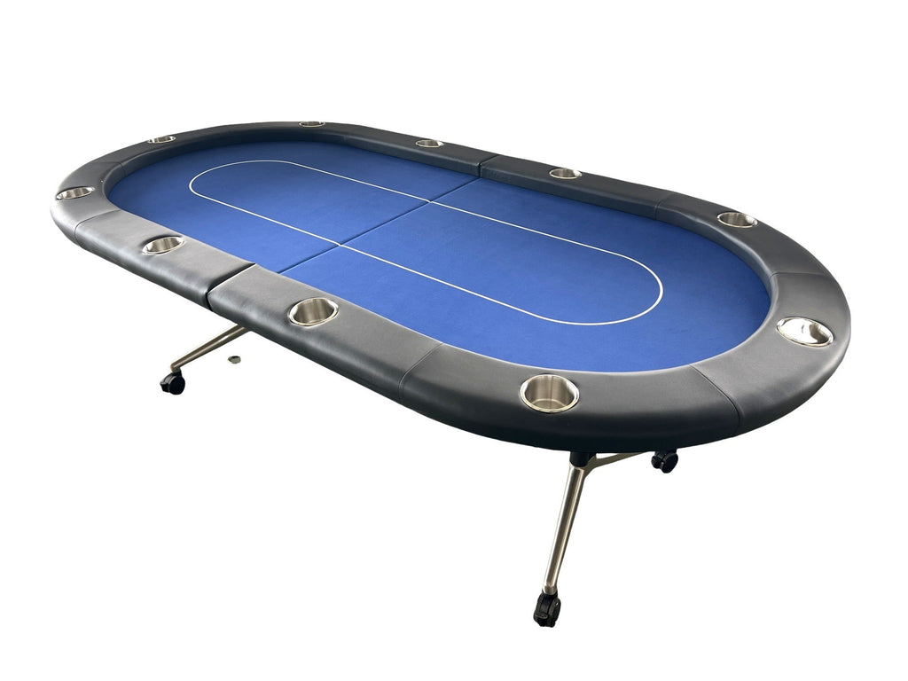 Poker Gaming Table – Seats Players – 94-Inch Blue Oval Foldable Portable Poker Table – Side View with Metal Leg