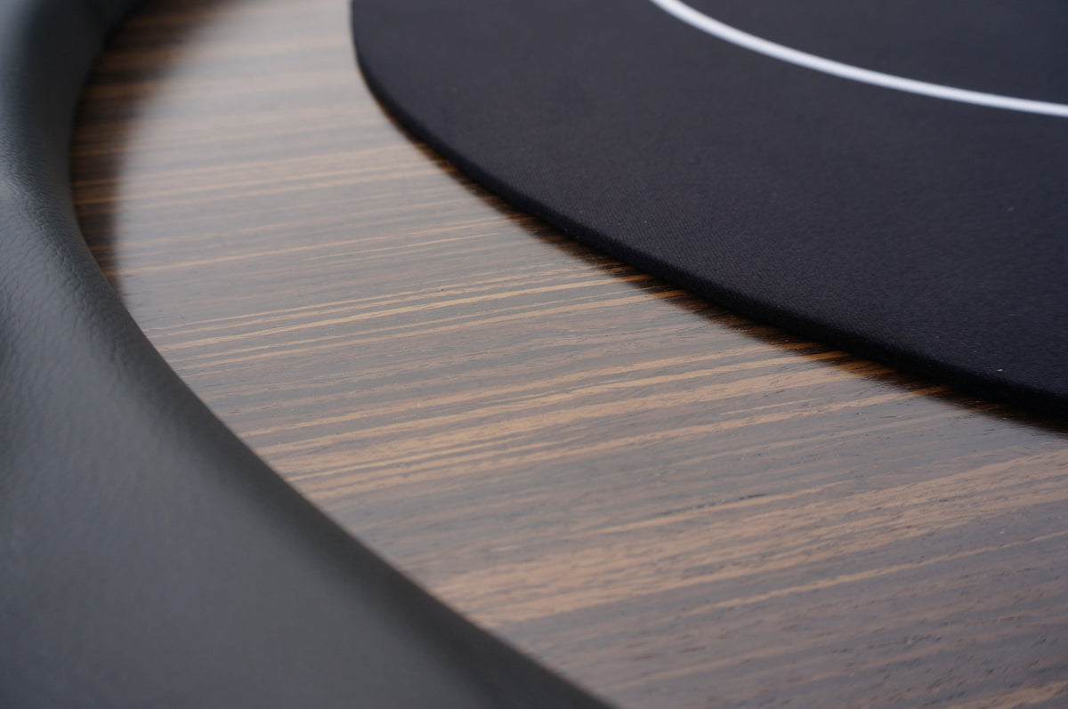 Poker Gaming Table – Wood – 96-inch Black Wooden Texas Hold'em Table – Padded Armrest Rail Close-up