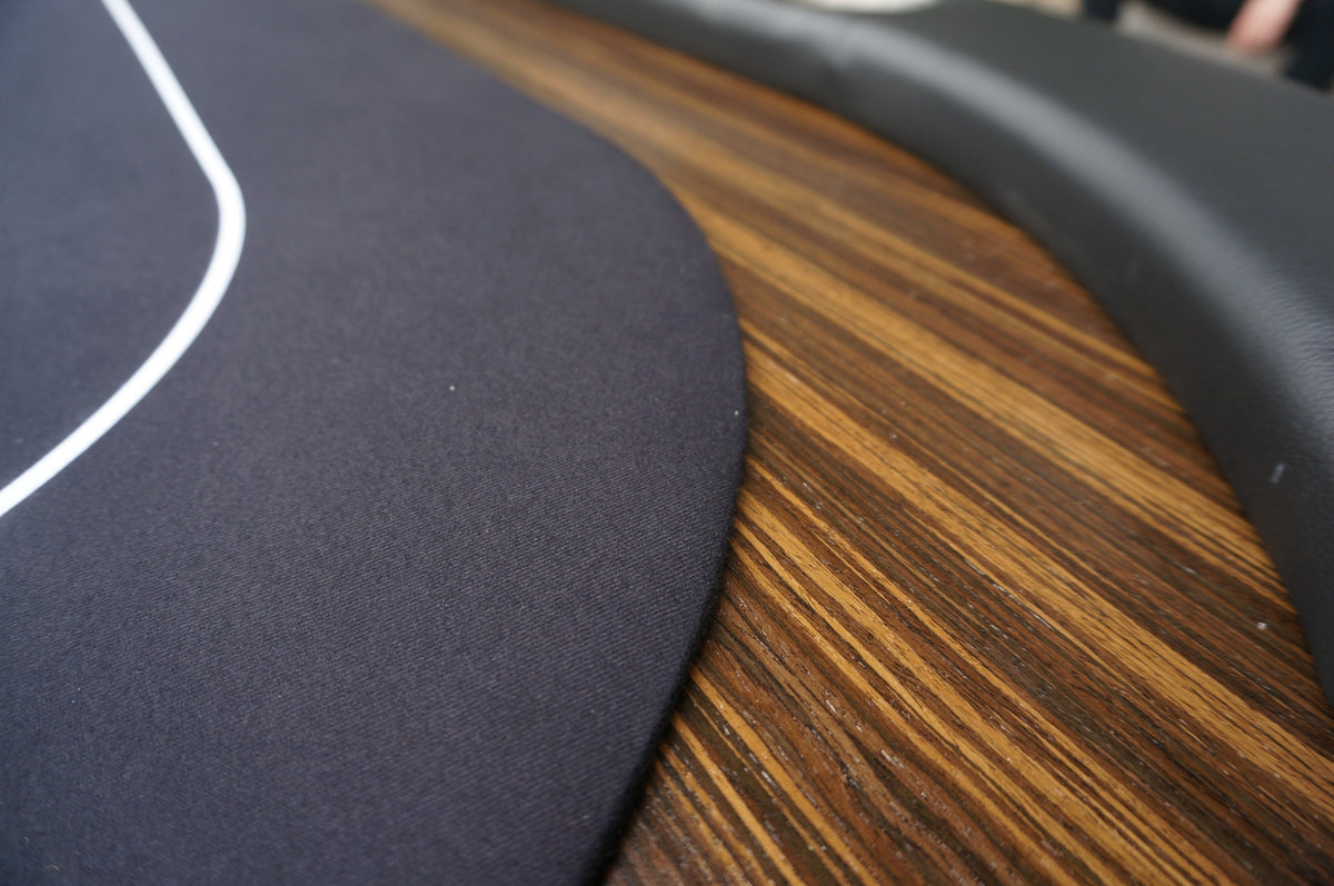 Poker Gaming Table – Wood – 96-inch Black Wooden Texas Hold'em Table – Wood-Grain Racetrack Rail Detail