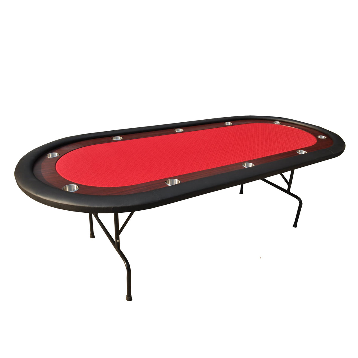 Poker Gaming Table – Wooden – Felt Racetrack – 96-Inch Foldable Poker Table – Red Felt Full Side View with Metal