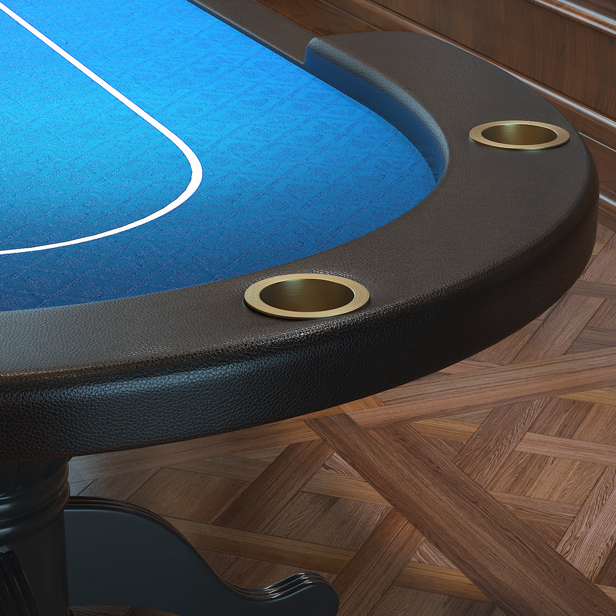 Poker Gaming Table – Betting Line – 96-Inch Oval Blue Felt 10-Player Aura Poker Table – Interior Side View Scene
