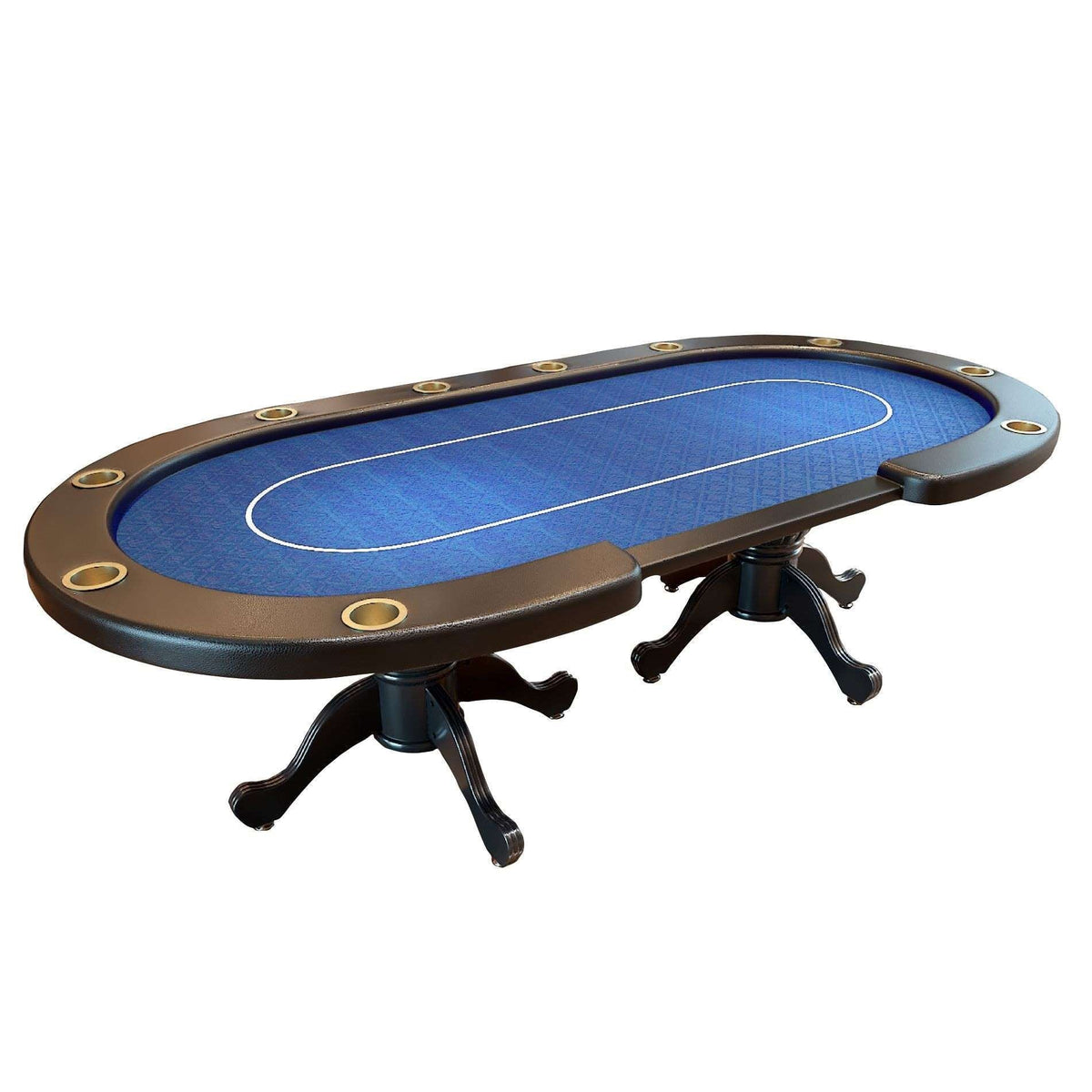 Poker Gaming Table – Betting Line – 96-Inch Oval Blue Felt 10-Player Aura Poker Table – Full Side View with Carved Legs