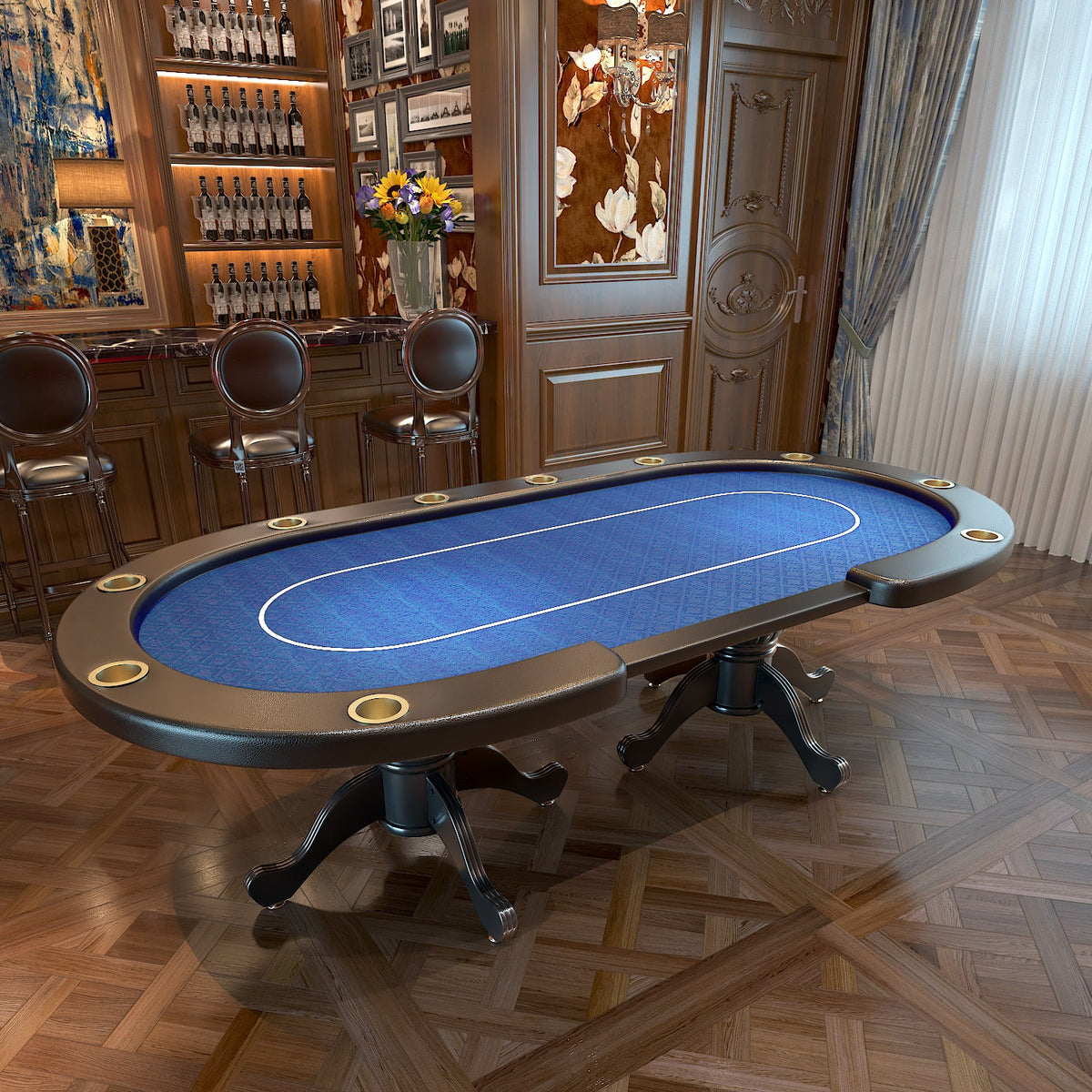 Poker Gaming Table – Betting Line – 96-Inch Oval Blue Felt 10-Player Aura Poker Table – Interior Side View Scene