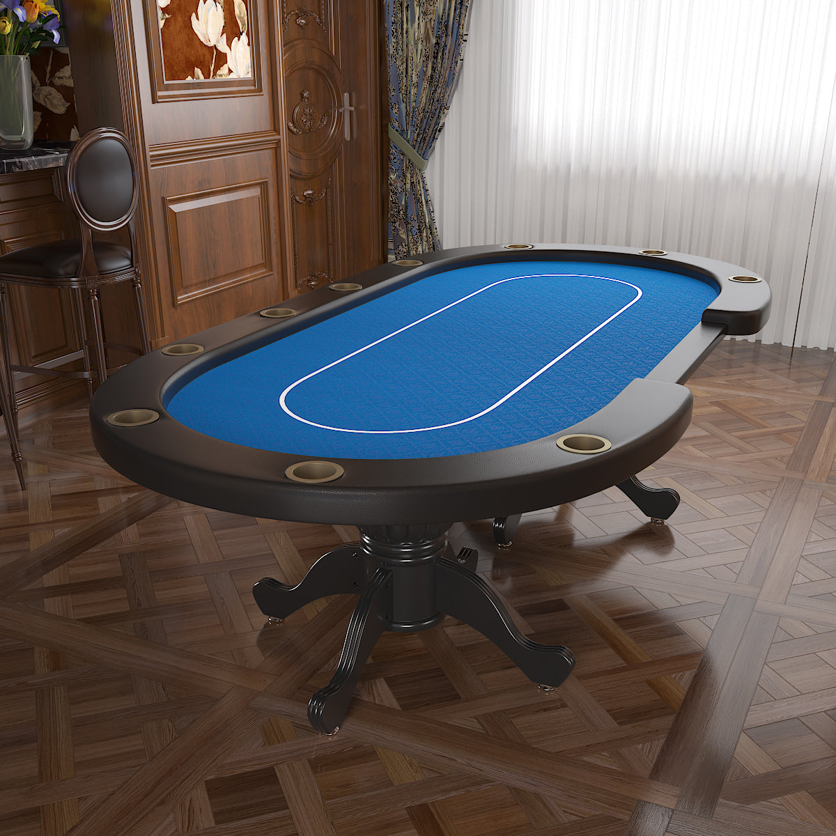 Poker Gaming Table – Betting Line – 96-Inch Oval Blue Felt 10-Player Aura Poker Table – Luxury Home Game Room Scene