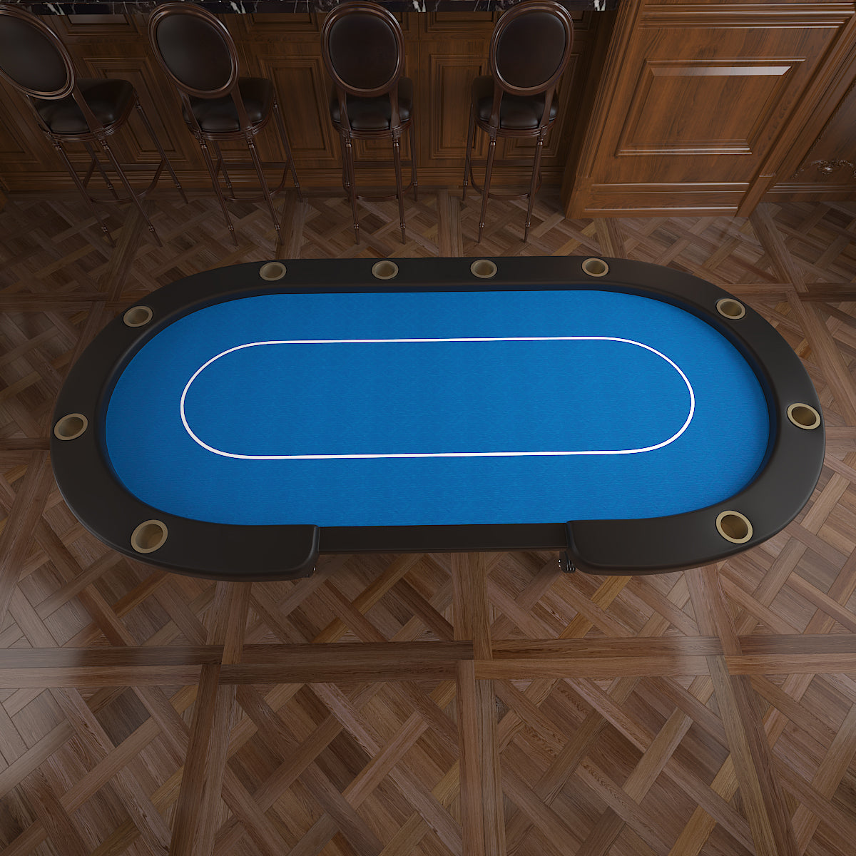 Poker Gaming Table – Betting Line – 96-Inch Oval Blue Felt 10-Player Aura Poker Table – Top View with Betting Line