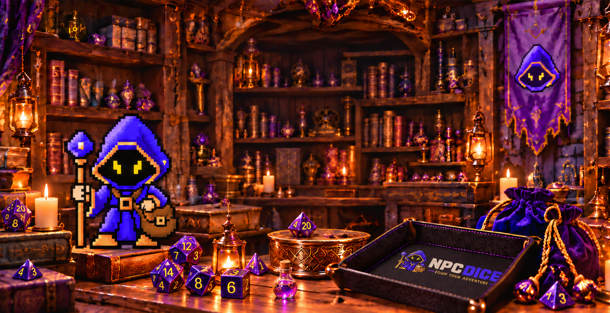 NPCDICE tabletop dice and gear in a fantasy tavern