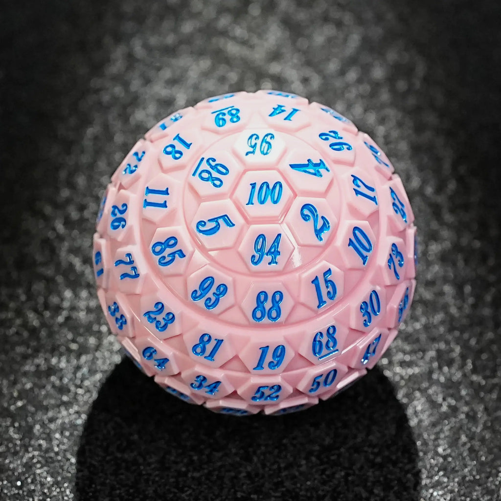 Acrylic D100 Dice – Personalized Design – Personalized Design 1 – Premium Pink Acrylic D100 Dice – Bright Blue Numbering