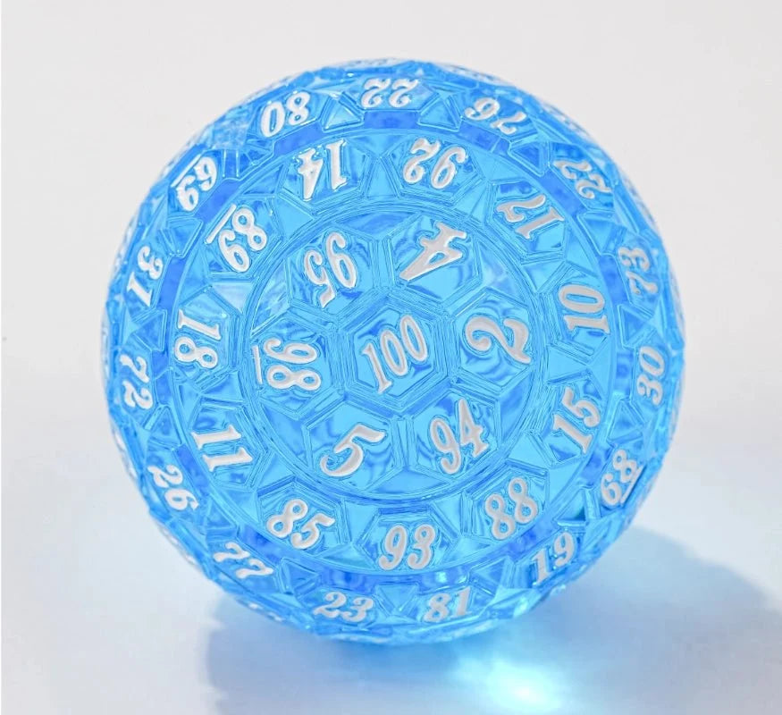 Acrylic D100 Dice – Personalized Design – Personalized Design 1 – Premium Pink Acrylic D100 Dice – Bright Blue Numbering