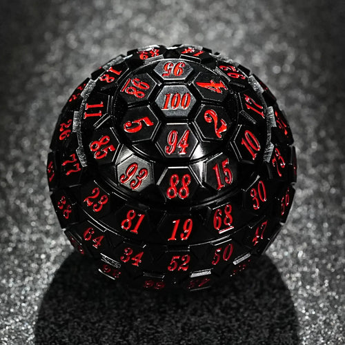 Acrylic D100 Dice – Red Numbers – Black Acrylic D100 Dice with Red Numbers - Unique Hexagonal 100-Sided Dice