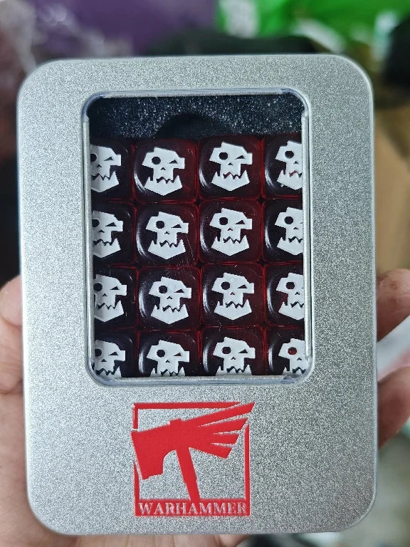Acrylic D6 Dice – 40k Ork – 16mm Warhammer 40K Ork-Themed Red Transparent Acrylic D6 Dice with White Pips; Ork Icon