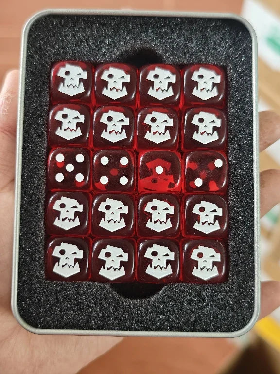 Acrylic D6 Dice – 40k Ork – Warhammer 40K Ork-themed translucent red acrylic D6 dice with white pips (Set of 20)