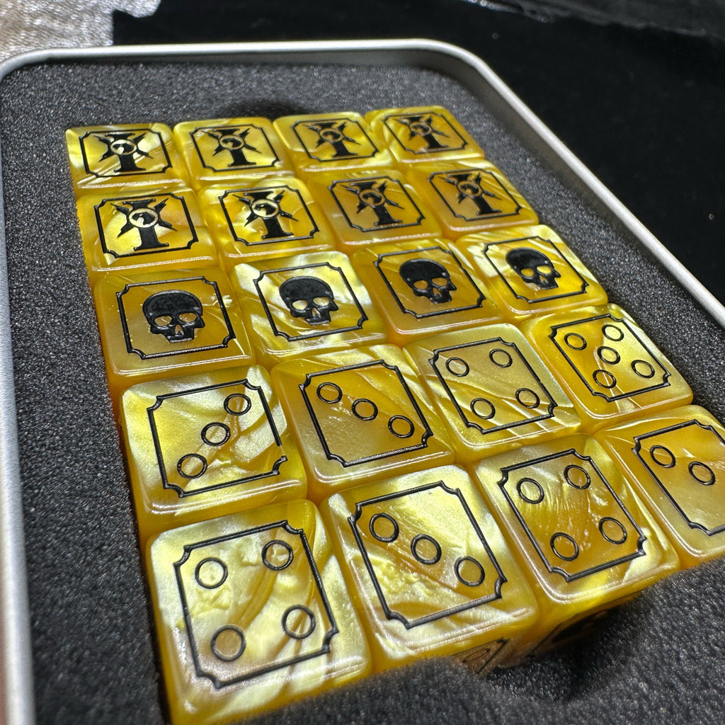 Acrylic D6 Dice – Swirl Pearlescent – Warhammer 40K Imperial Guard Yellow Acrylic D6 Dice Set of 20 — Angled Top View