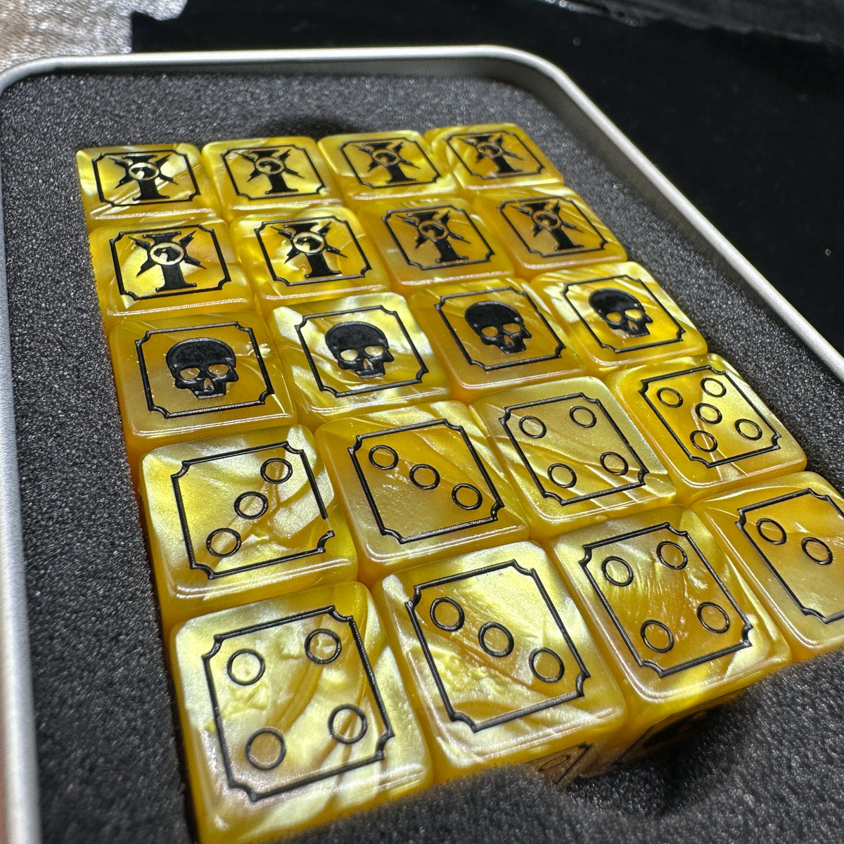 Acrylic D6 Dice – Swirl Pearlescent – Warhammer 40K Imperial Guard Yellow Acrylic D6 Dice Set of 20 — Angled Top View