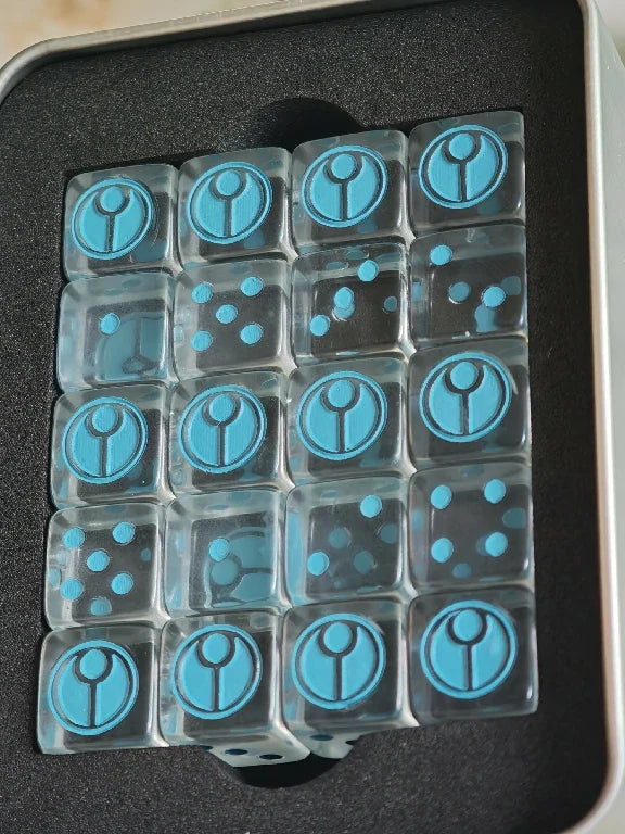 Acrylic D6 Dice – Tau Empire – Warhammer 40K T'au Empire Transparent Acrylic D6 Dice with Light Blue Pips (Set of 20)