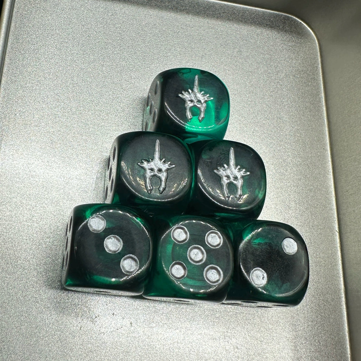 Acrylic D6 Dice – Teal Pearlescent – In-stock rounded corners, The Lord of the Rings, Angmar Dice Dice, Angmar Dice Set