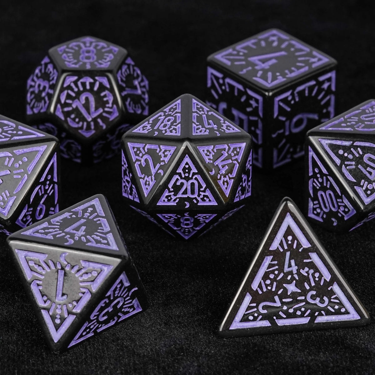 Acrylic DND Dice Set – Personalized Design – Personalized Design 1 – Black and purple rune acrylic DND dice set