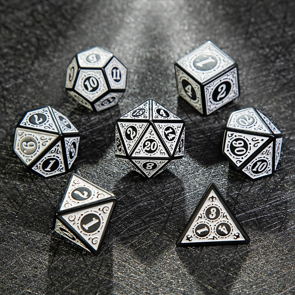 Acrylic DND Dice Set – Personalized Design – Personalized Design 3 – Black and White Elegant Acrylic DND Dice Set