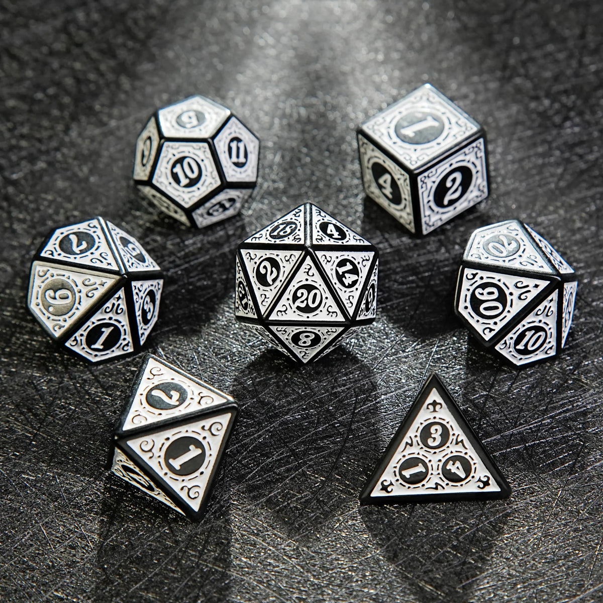Acrylic DND Dice Set – Personalized Design – Personalized Design 3 – Black and White Elegant Acrylic DND Dice Set
