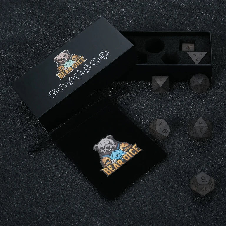 African Blackwood Acrylic DND Dice Set – African Blackwood Dice Set, includes a black velvet drawstring dice bag and a