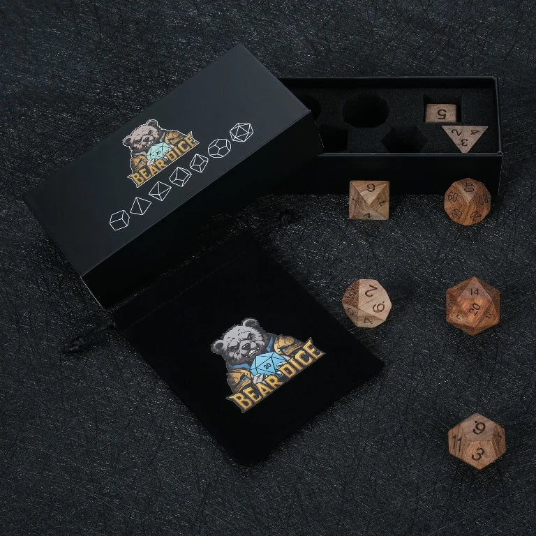 African Teak Acrylic D&D Dice Set – African Teak Dice Set (includes a black velvet drawstring pouch and a black dice