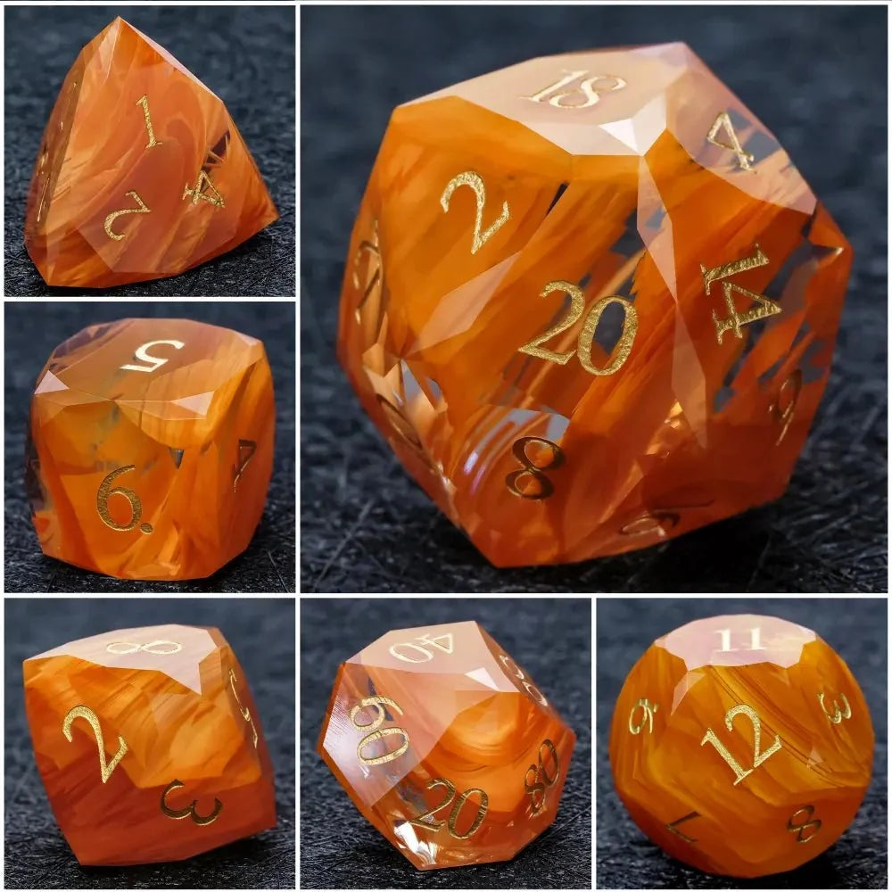 Amber Orange Gemstone DND Dice Set – DND Dice | Diamond Cut Amber - Orange Glass Gemstone Dice Set