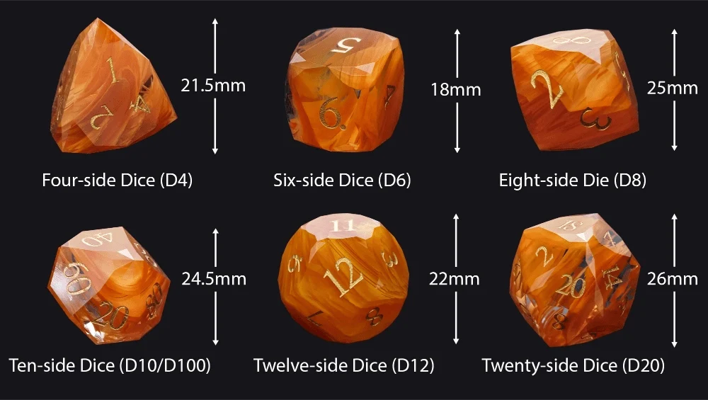 Amber Orange Gemstone DND Dice Set – DND Dice | Diamond Cut Amber - Orange Glass Gemstone Dice Set