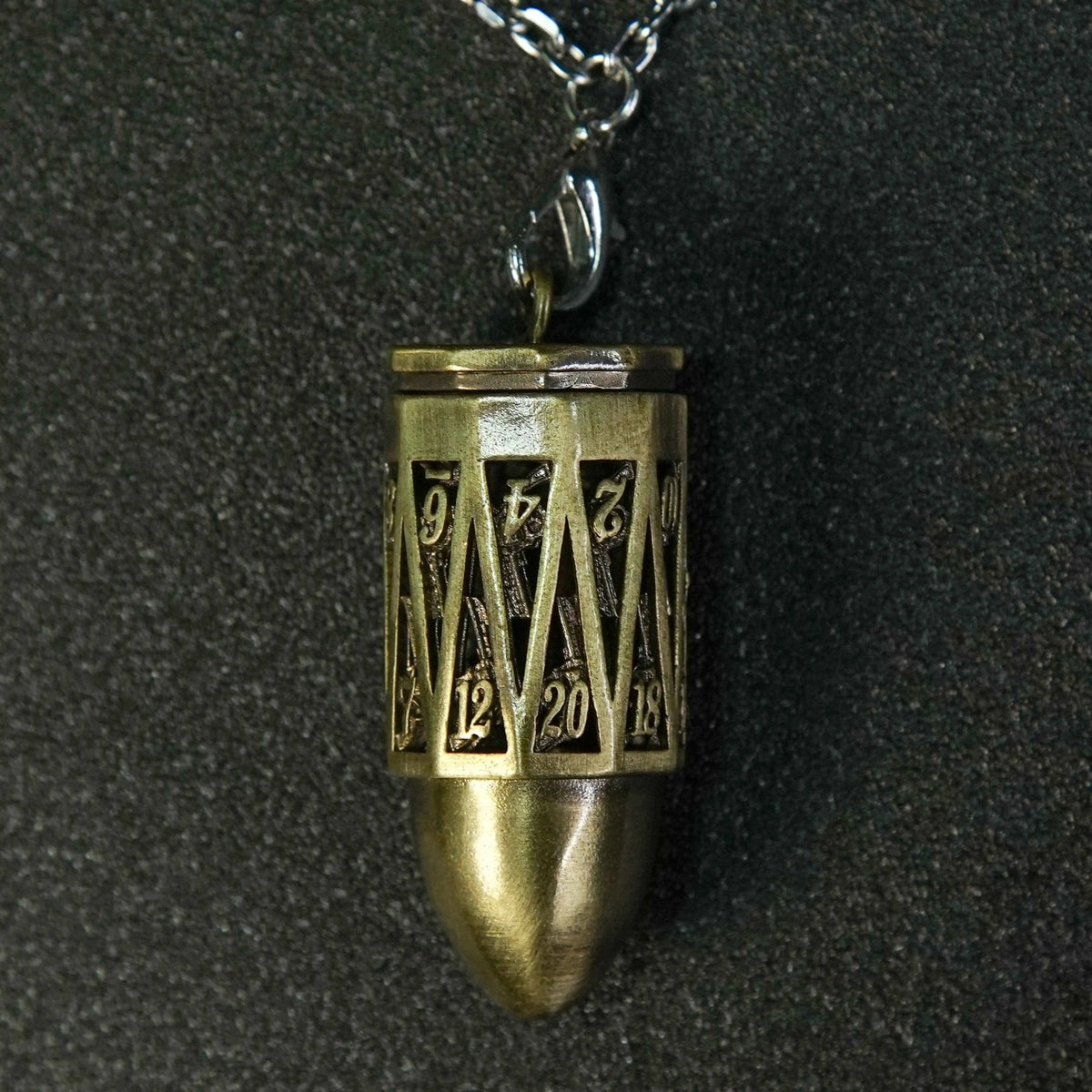 Antique Bronze Metal Bullet Dice Set – Bronze Metal Hollow D20 Bullet Dice Cage Pendant + 7 Mini RPG Dice Set
